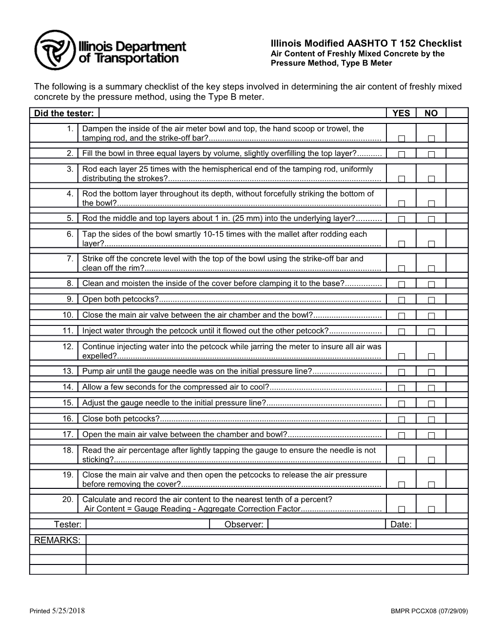 Illinois Modified AASHTO T 152 Checklist Air Content of Freshly Mixed Concrete by the Pressure