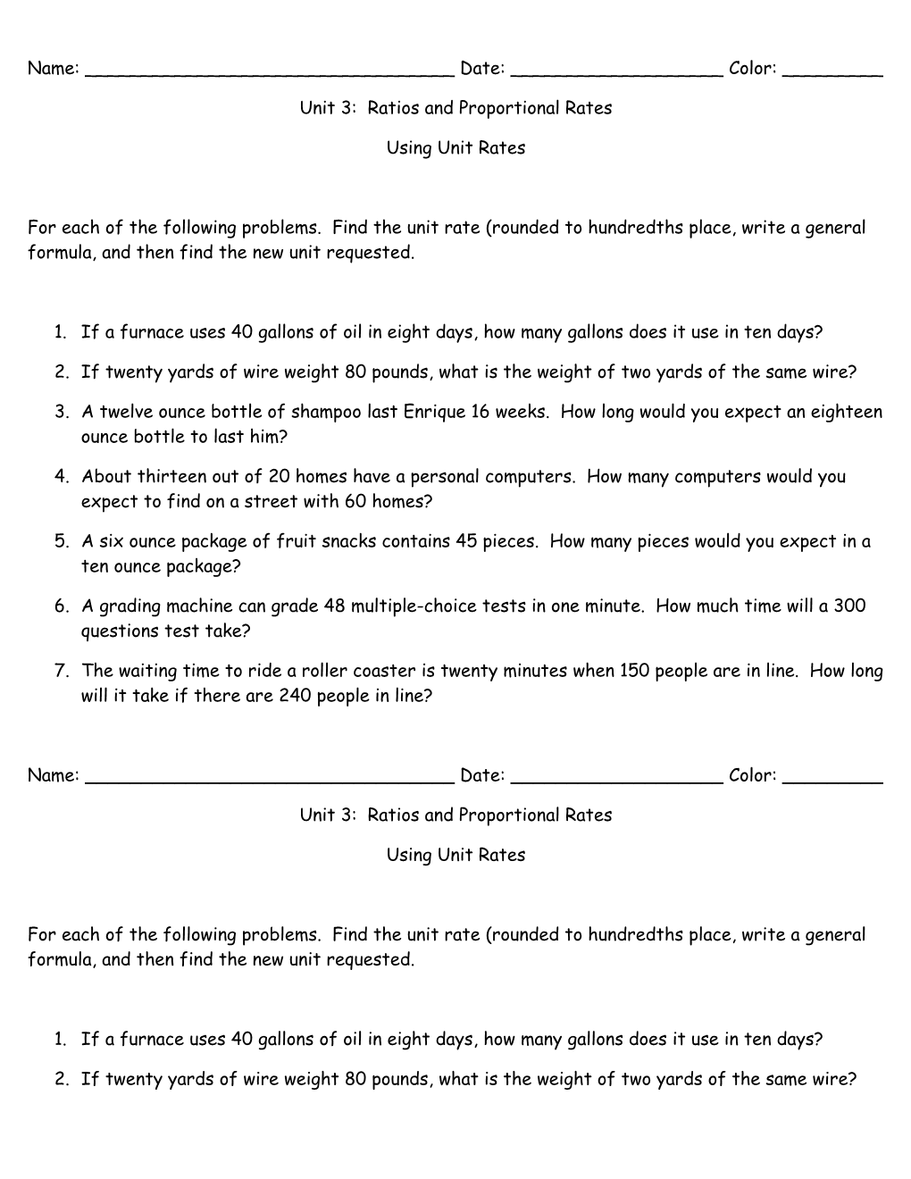 Unit 3: Ratios and Proportional Rates