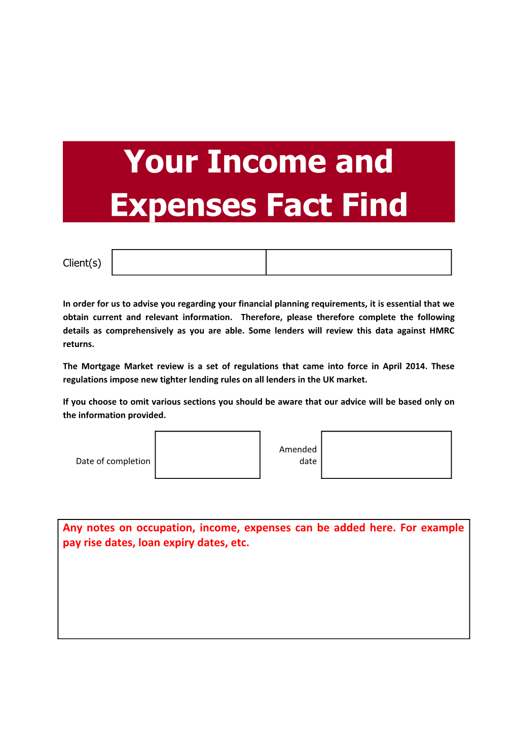 Your Income and Expenses Fact Find