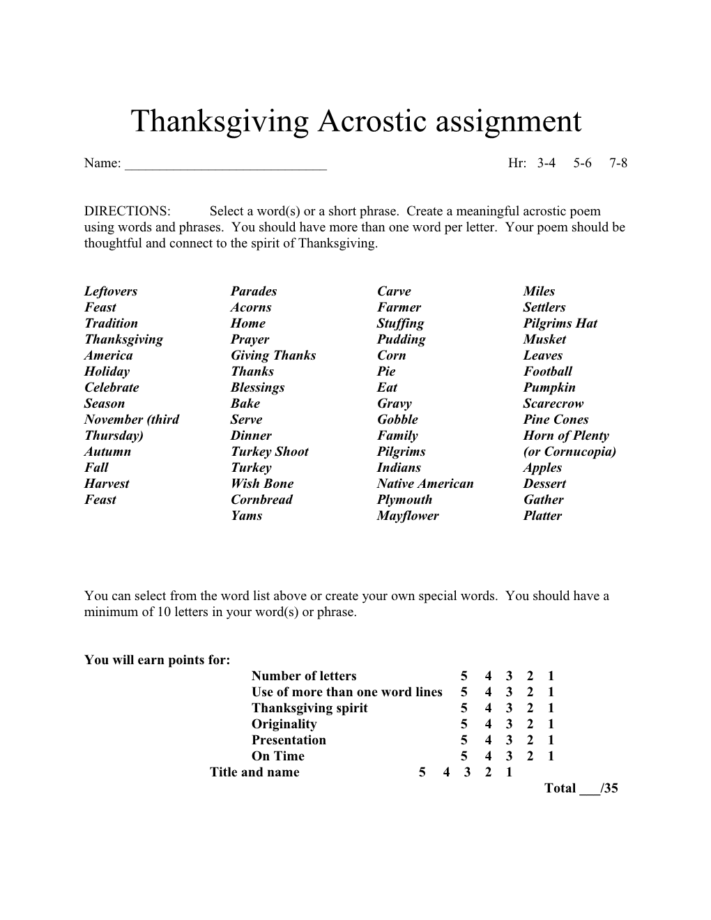 Thanksgiving Acrostic Assignment