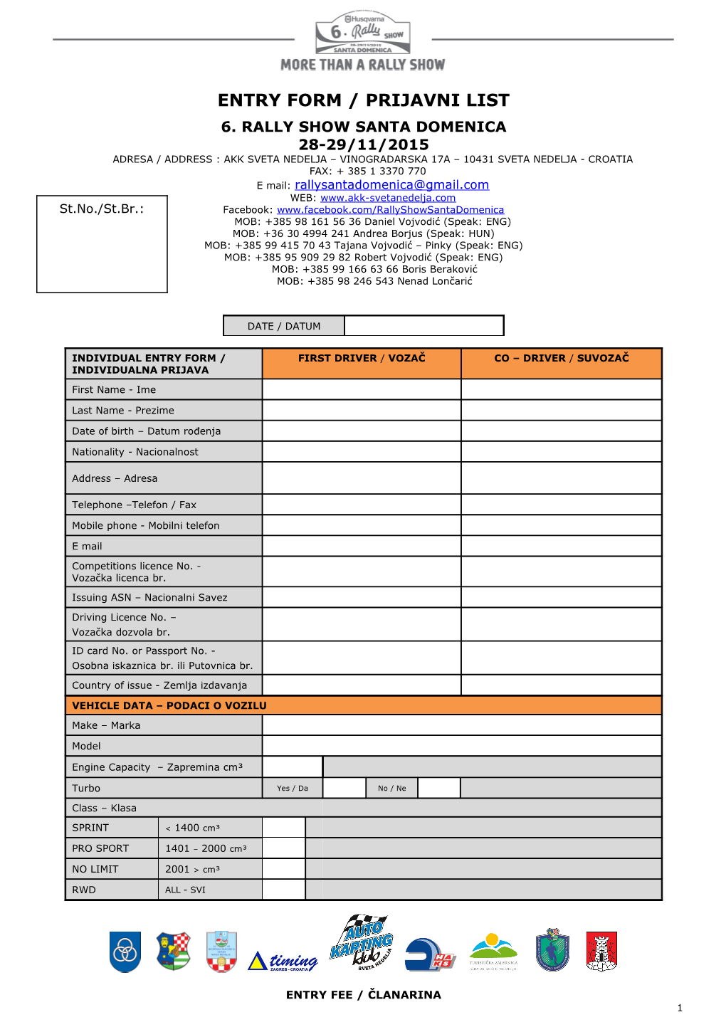 Entry Form / Prijavni List