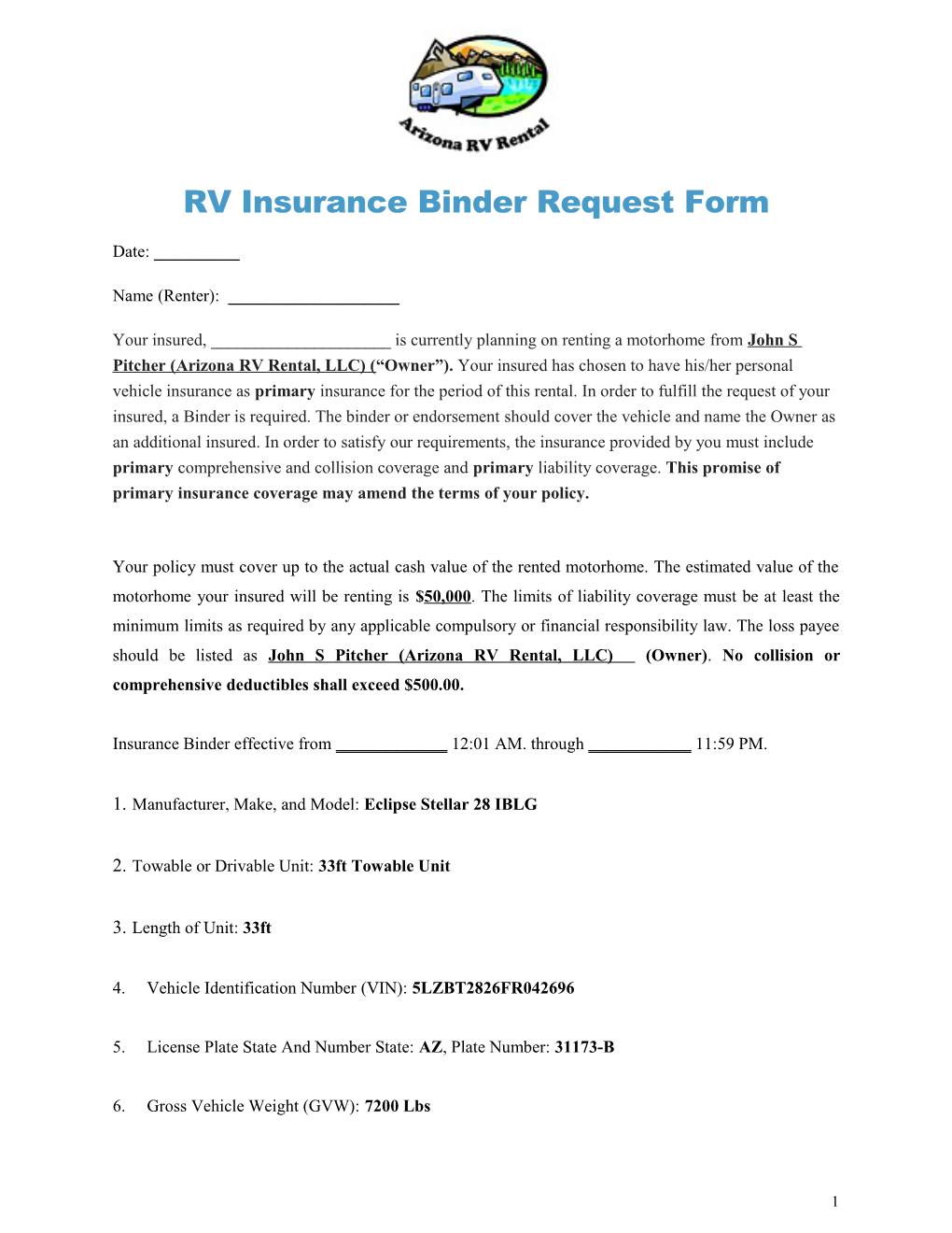 RV Insurance Binder Request Form