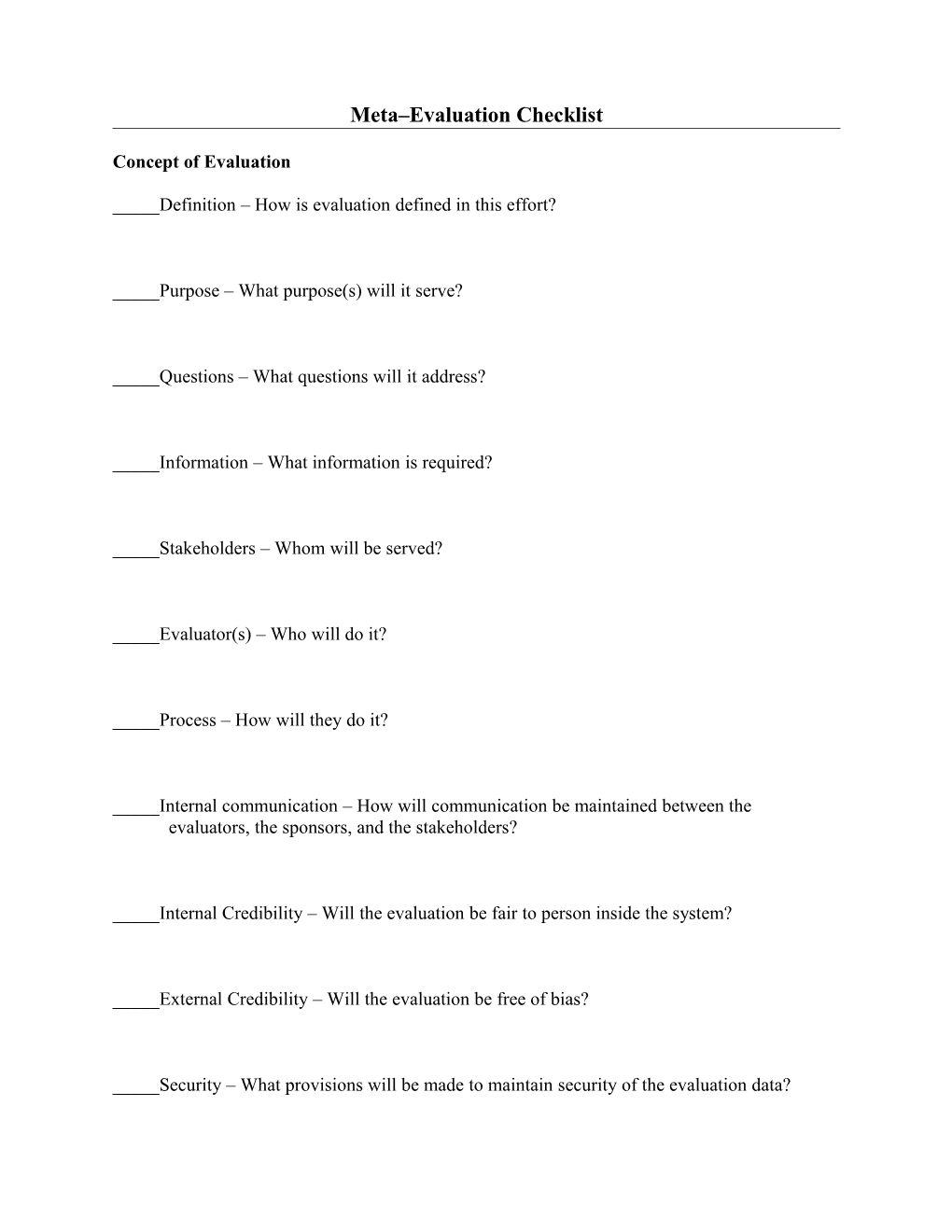 Meta Evaluation Checklist