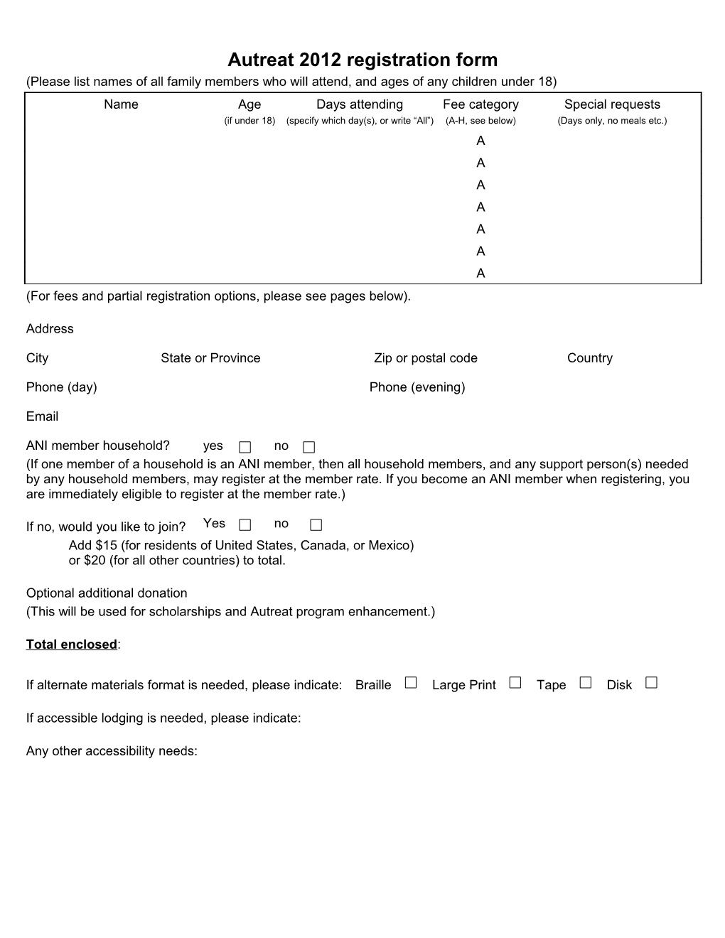 Autreat 2012 Registration Form