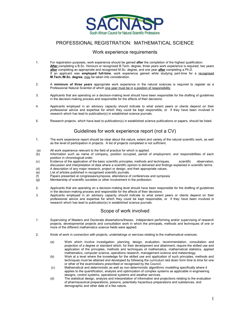 Professional Registration: Mathematical Science
