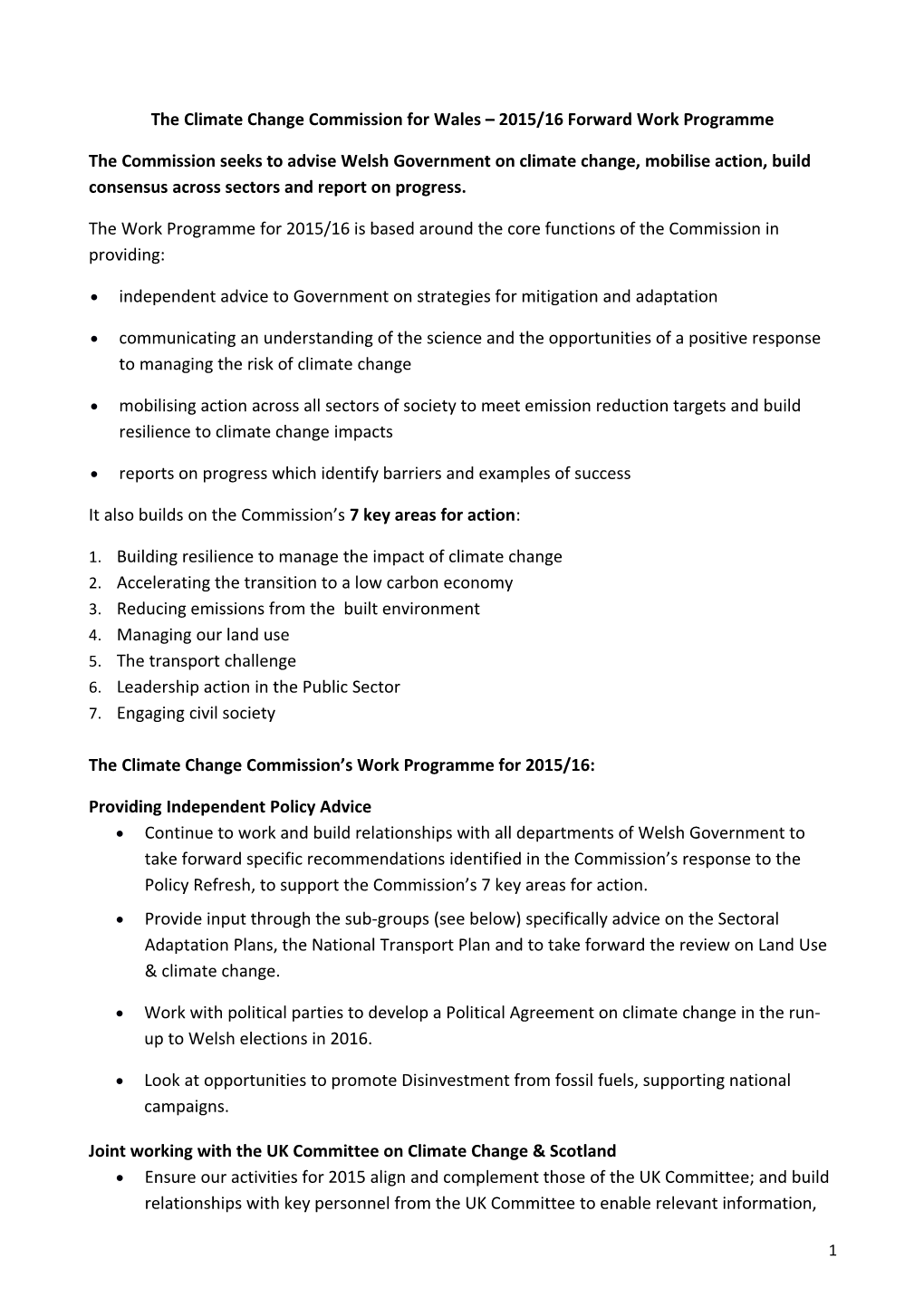The Climate Change Commission for Wales 2015/16 Forward Work Programme