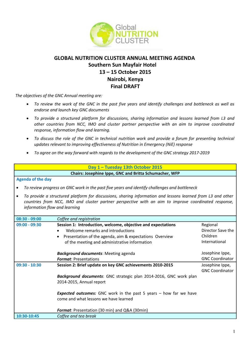 Global Nutrition Cluster Annual Meeting Agenda
