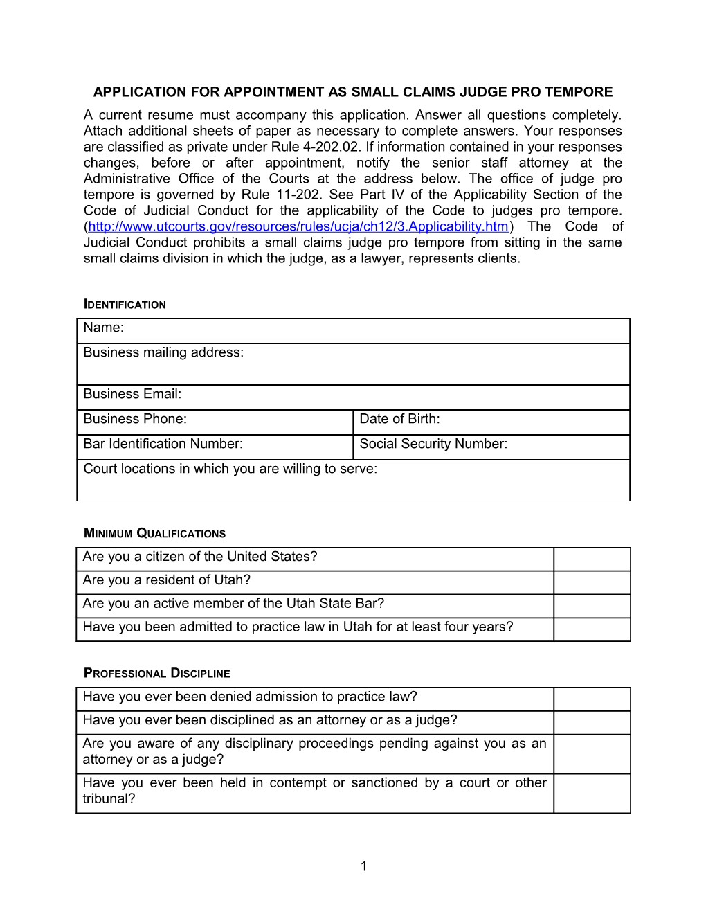 Application for Appointment As Small Claims Judge Pro Tempore - 4/2014