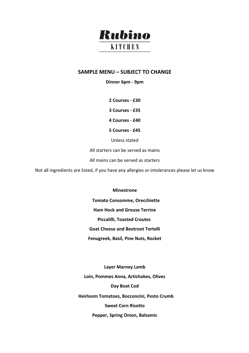 Sample Menu Subject to Change