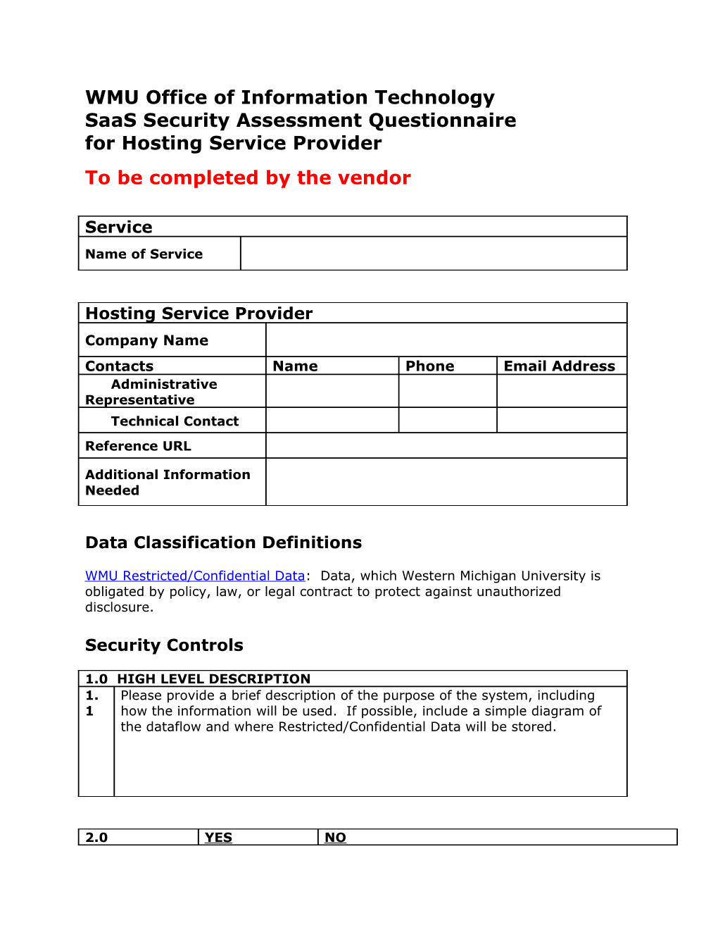 WMU Office of Information Technology Saas Security Assessment Questionnaire for Hosting