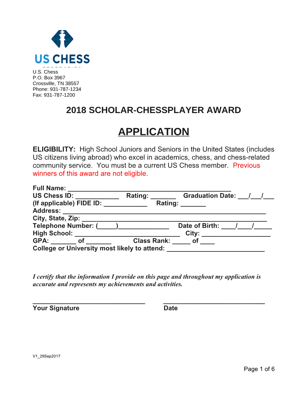 2018 Scholar-Chessplayer Award Application