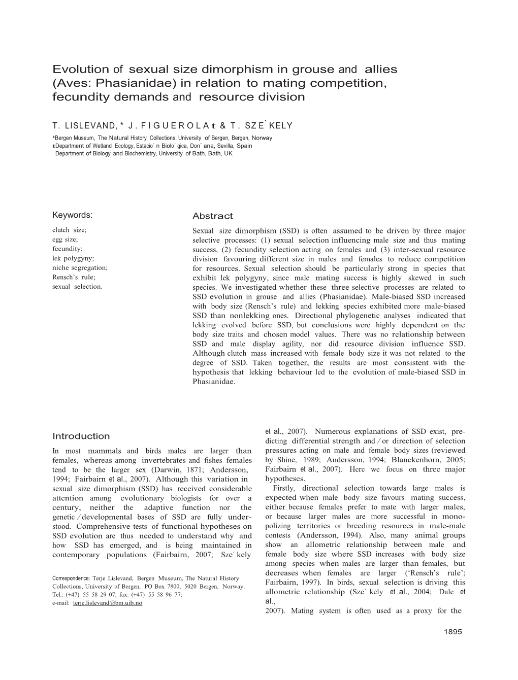 Evolution of Sexual Size Dimorphism in Grouse and Allies