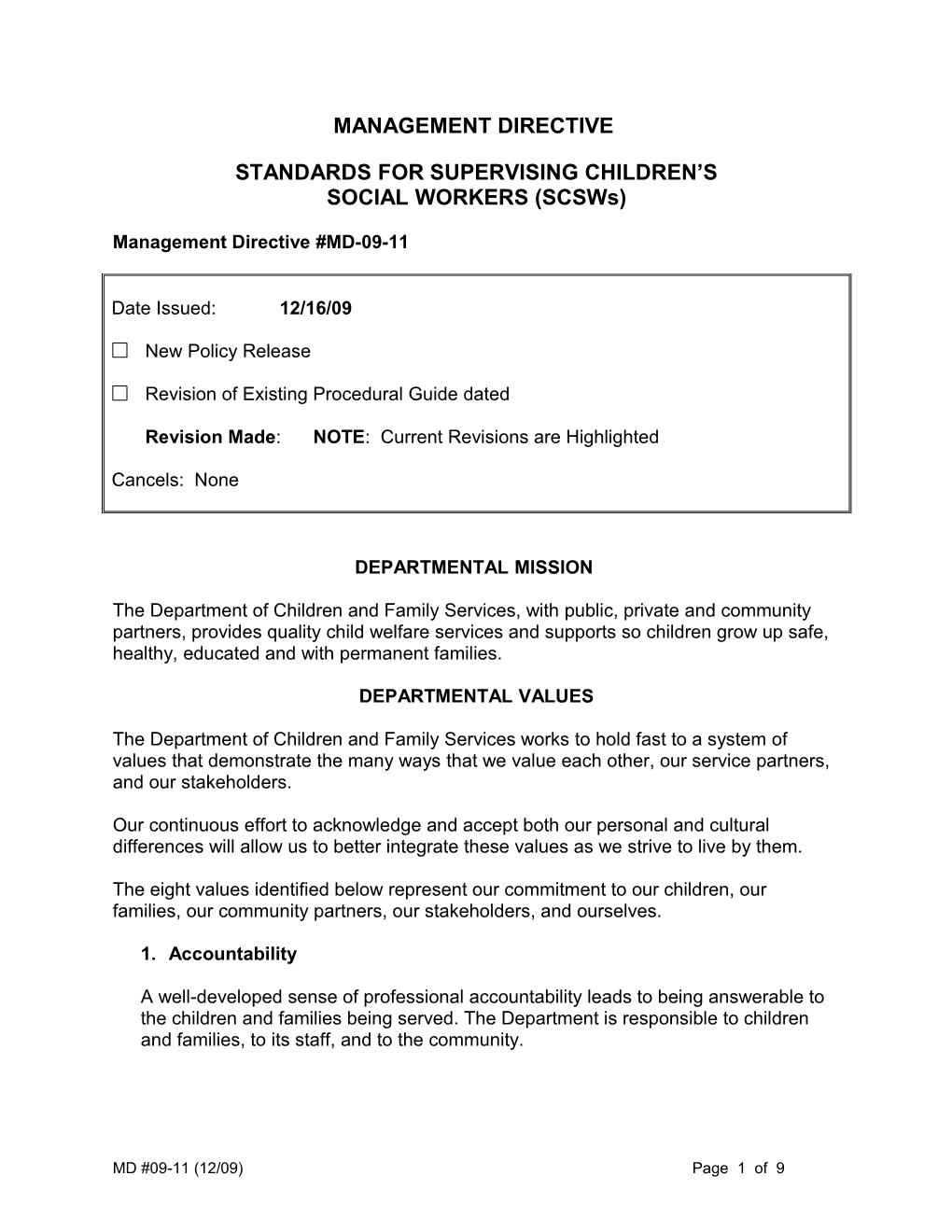 MD 09-11, Standards for Supervising Children's Social Workers (SCSW)