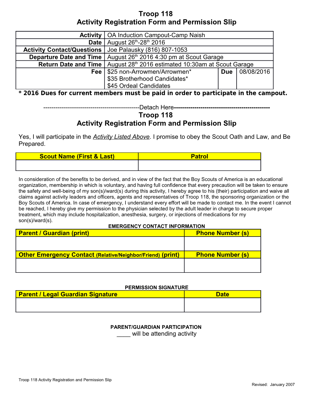 Activity Registration Form and Permission Slip