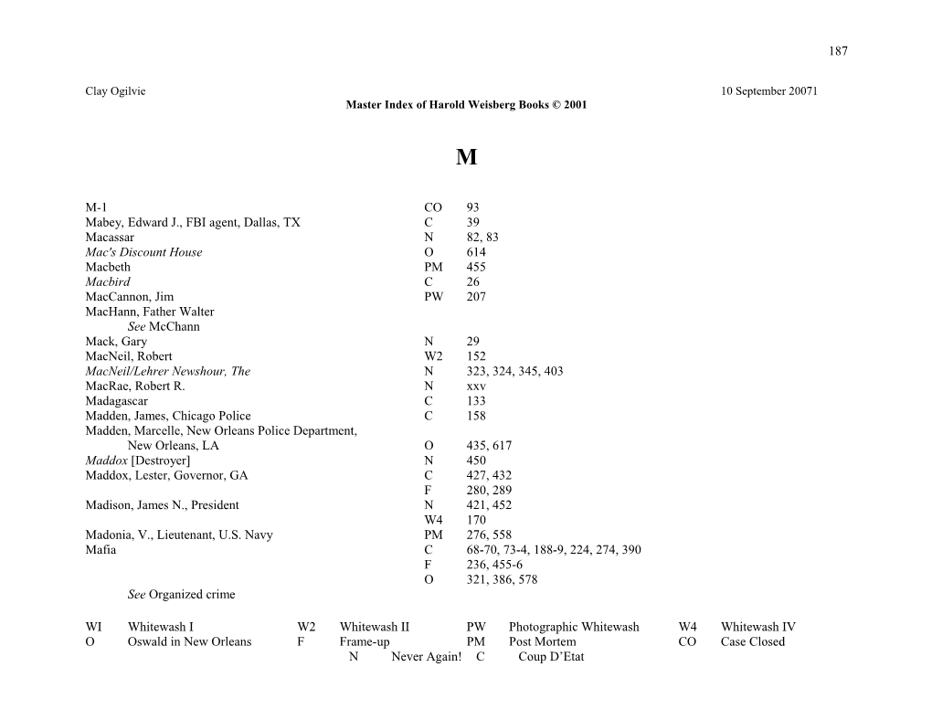 Master Index of Harold Weisberg Books 2001