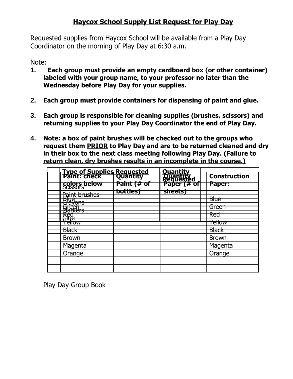 Haycox School Supply List Request for Play Day
