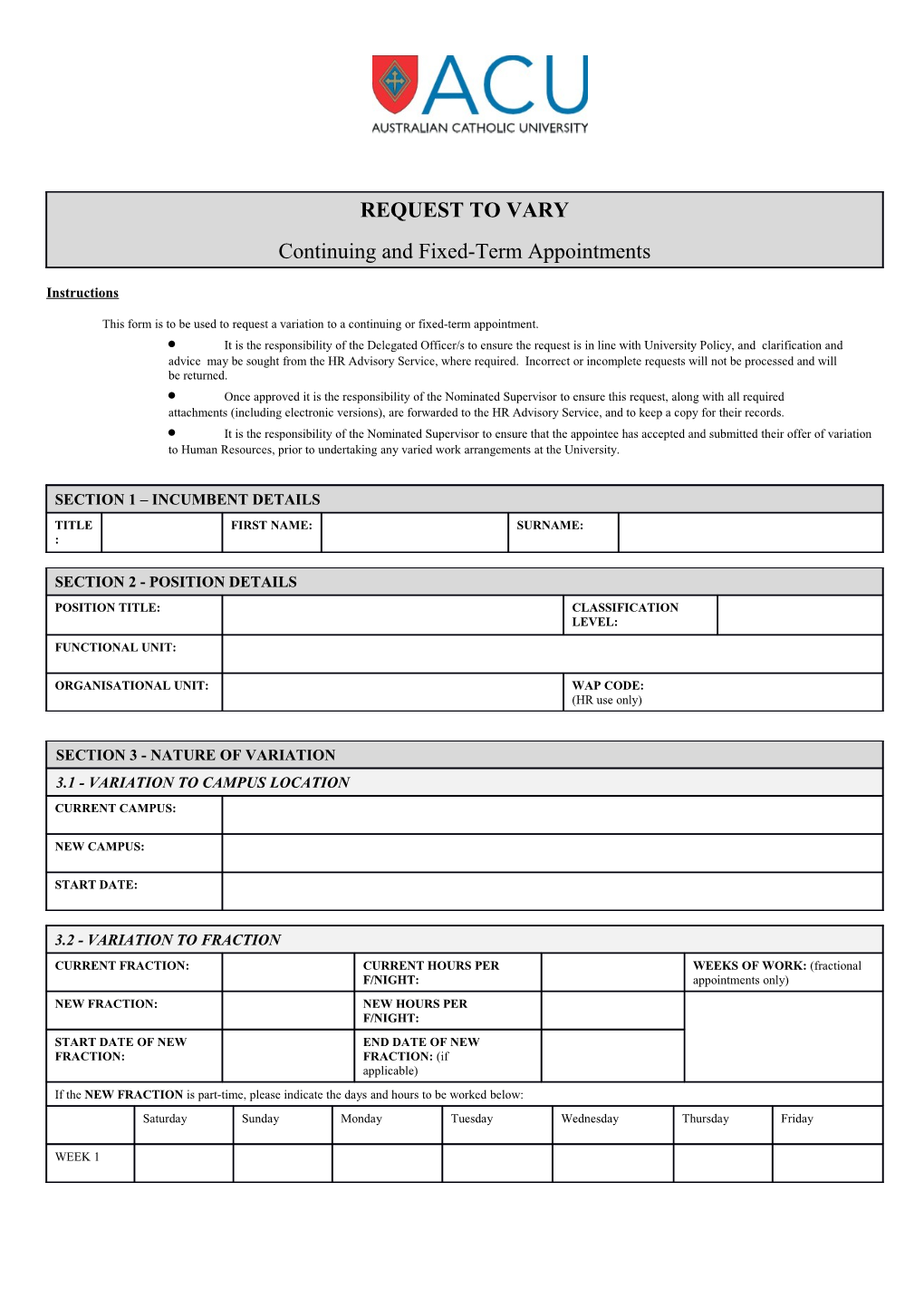 This Form Is to Be Used to Request a Variation to a Continuing Or Fixed-Term Appointment