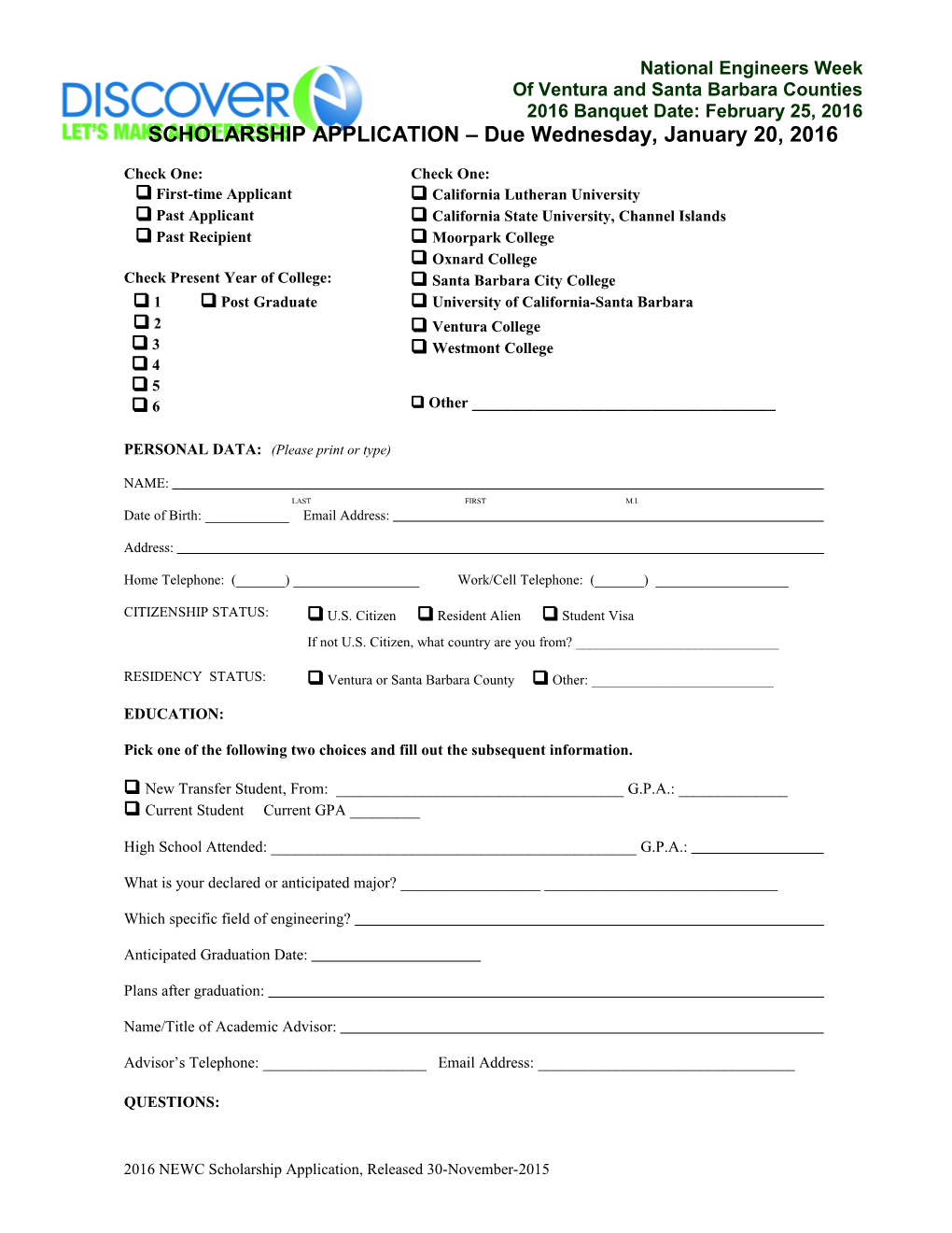 NEWC 2009 Scholarship Application