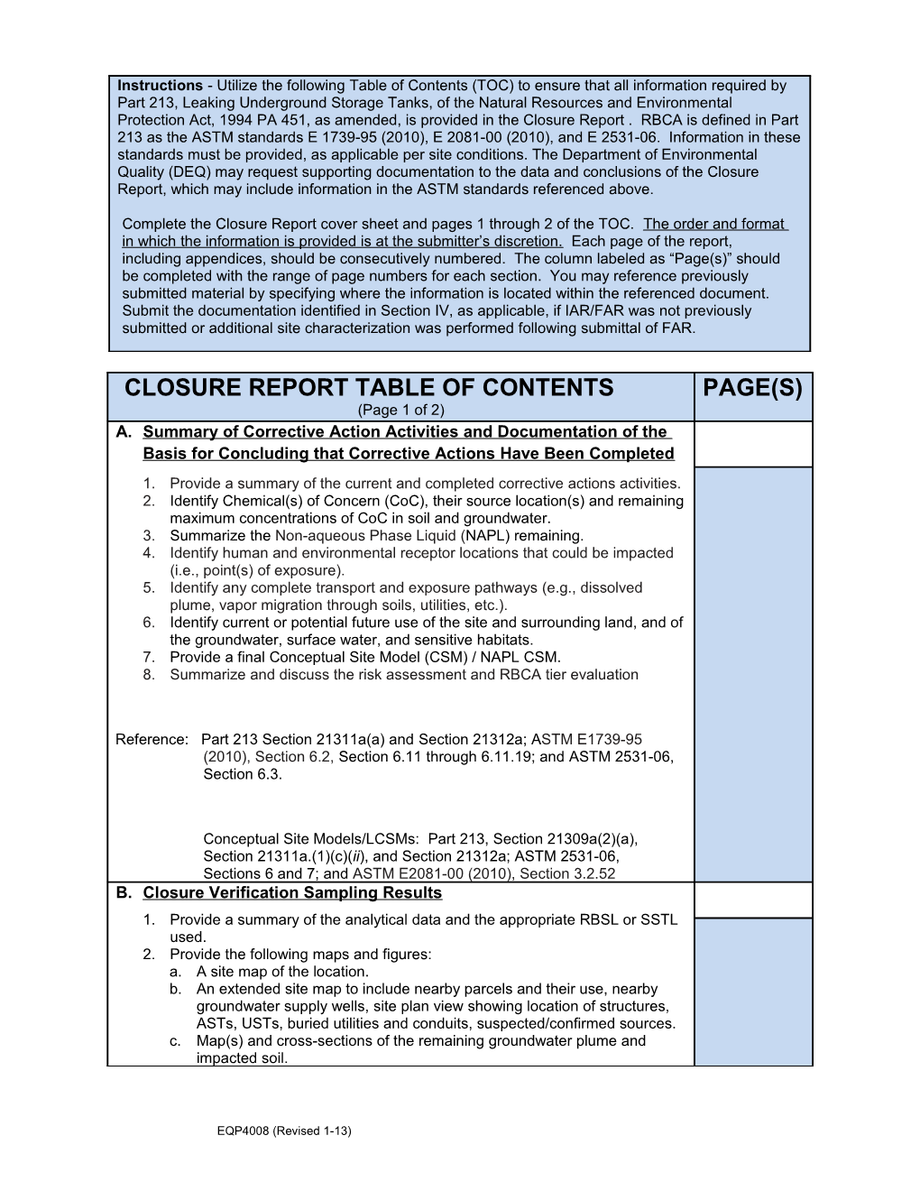 Closure Report Table of Contents Form