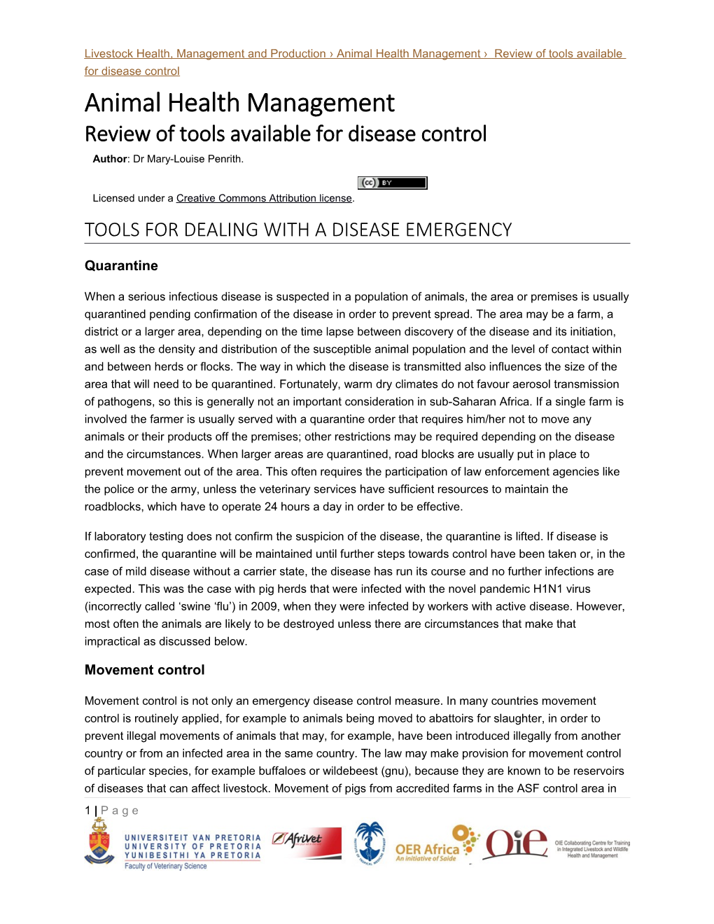 Animal Health Management Review of Tools Available for Disease Control