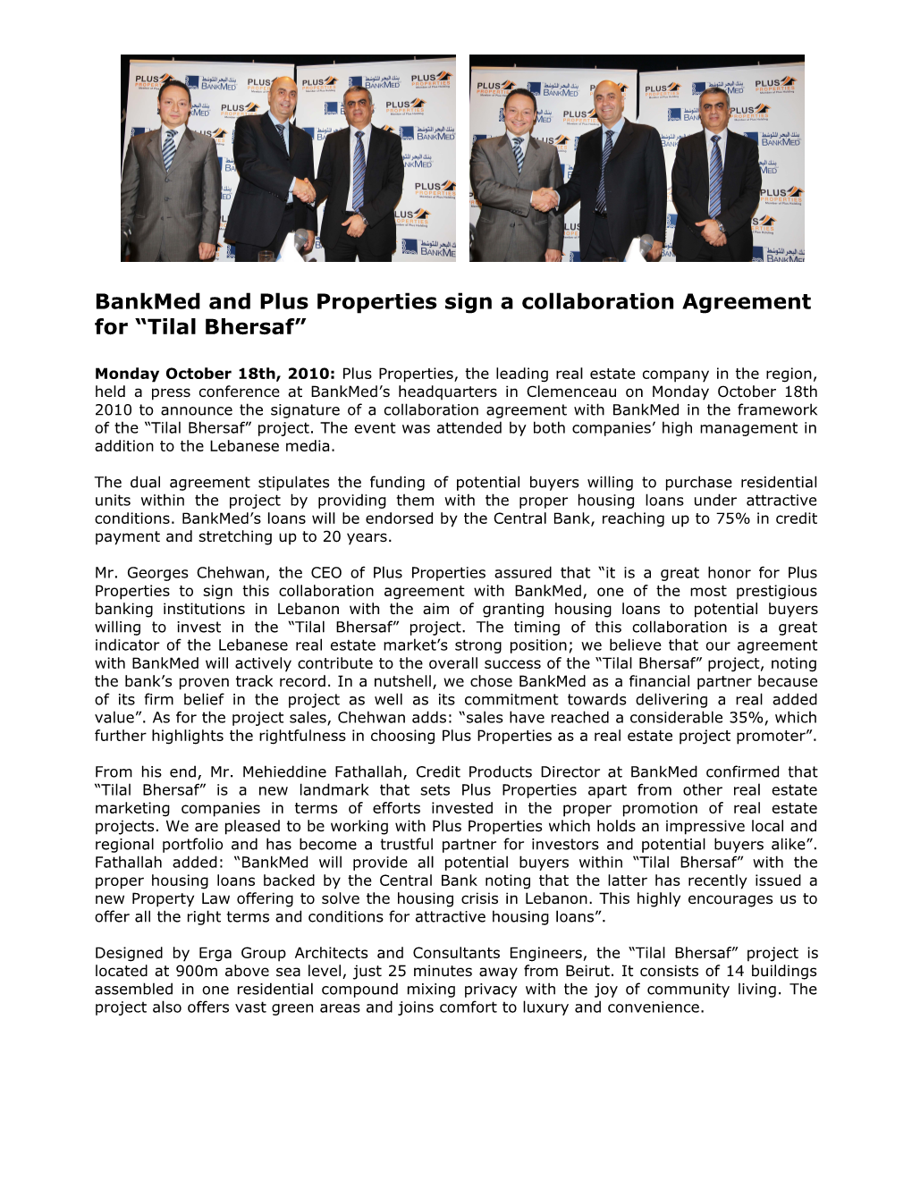 Bankmed and Plus Properties Sign a Collaboration Agreement for Tilal Bhersaf