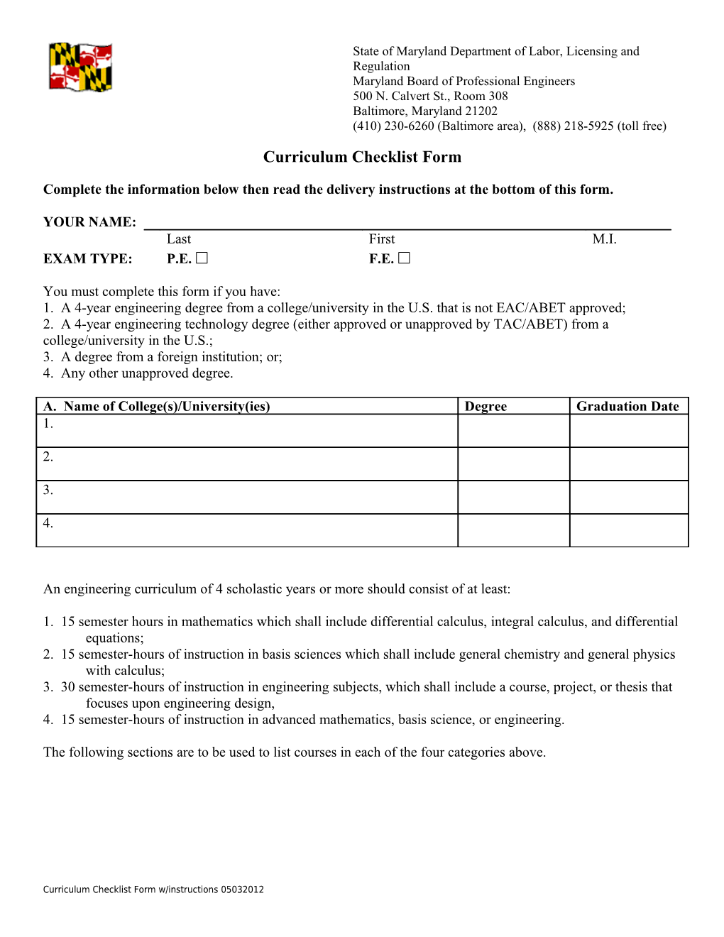 Curriculum Checklist Form