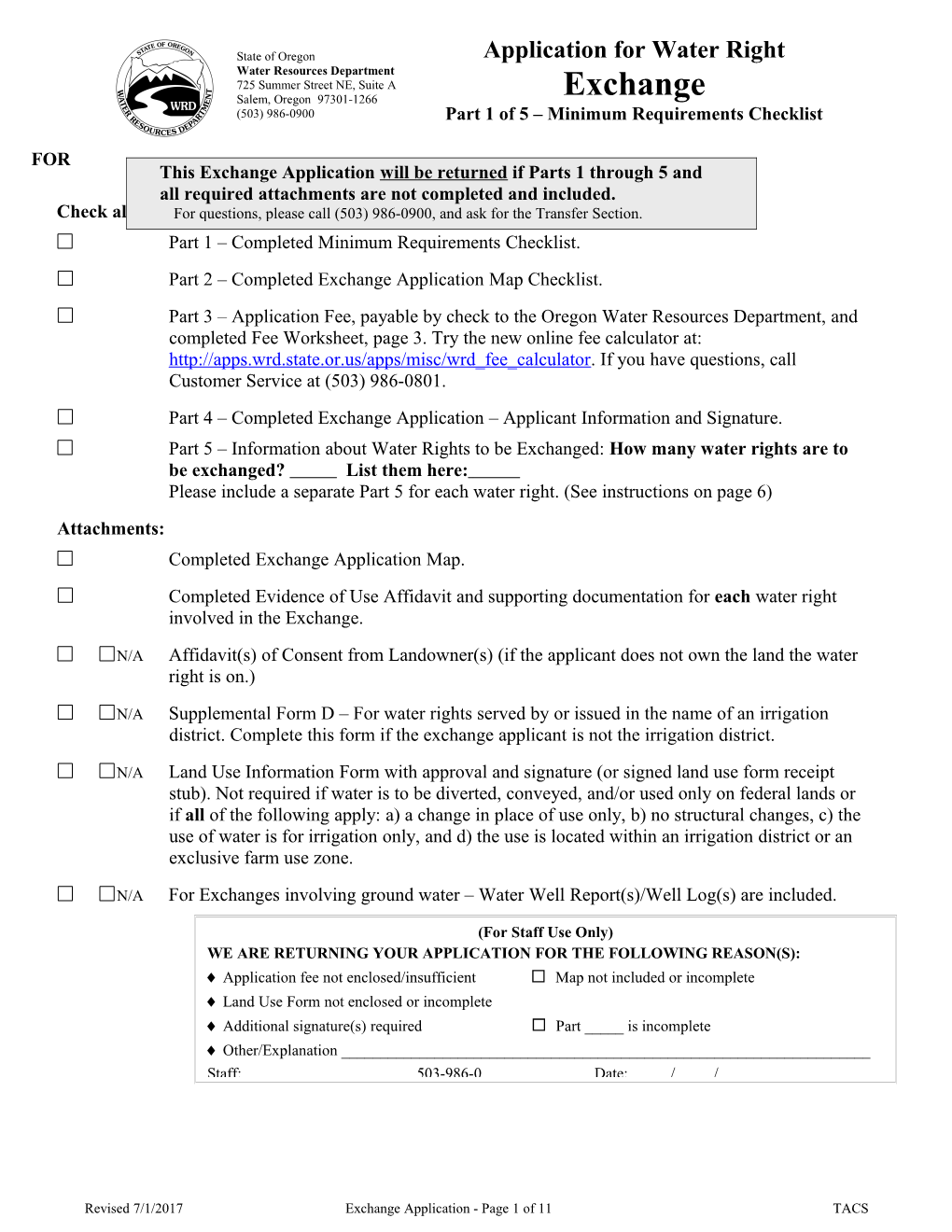 OWRD Application for Water Right Transfer