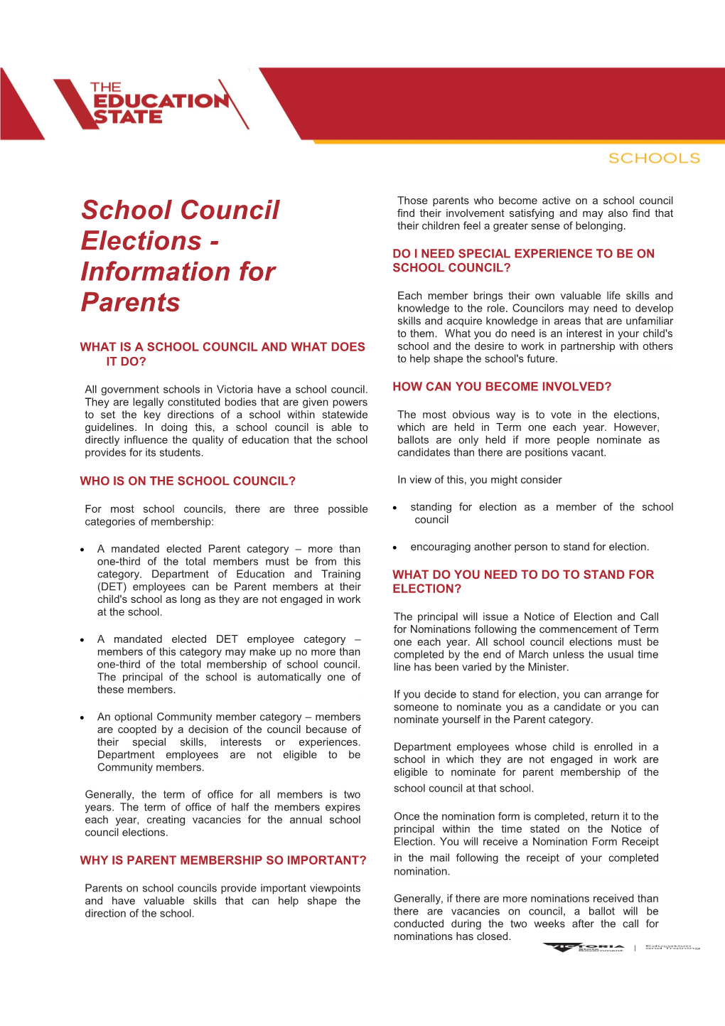 School Council Elections - Information for Parents