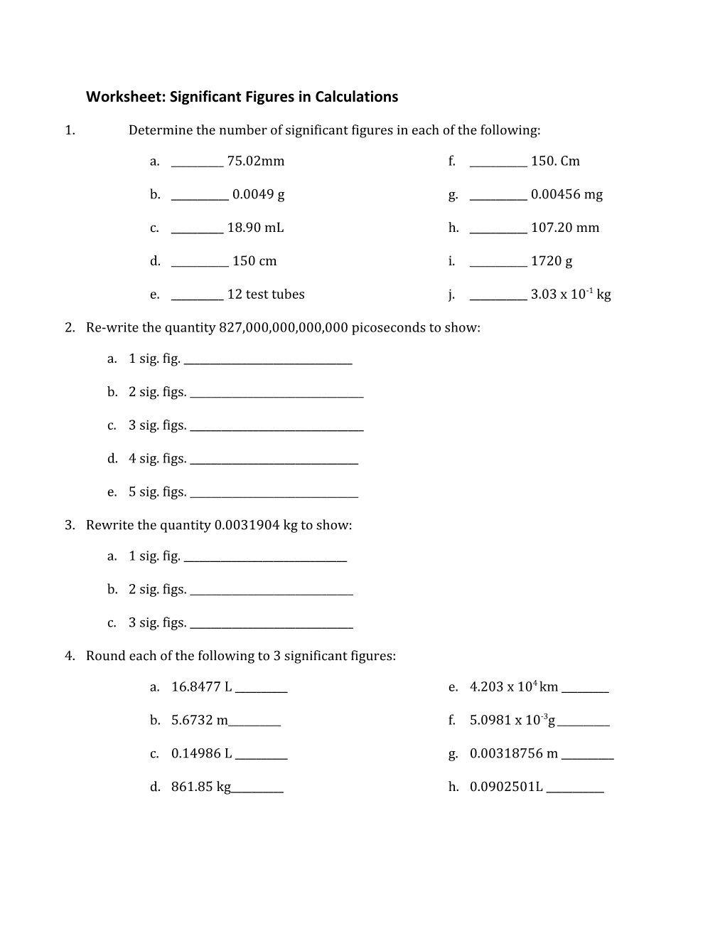 Worksheet: Significant Figures in Calculations