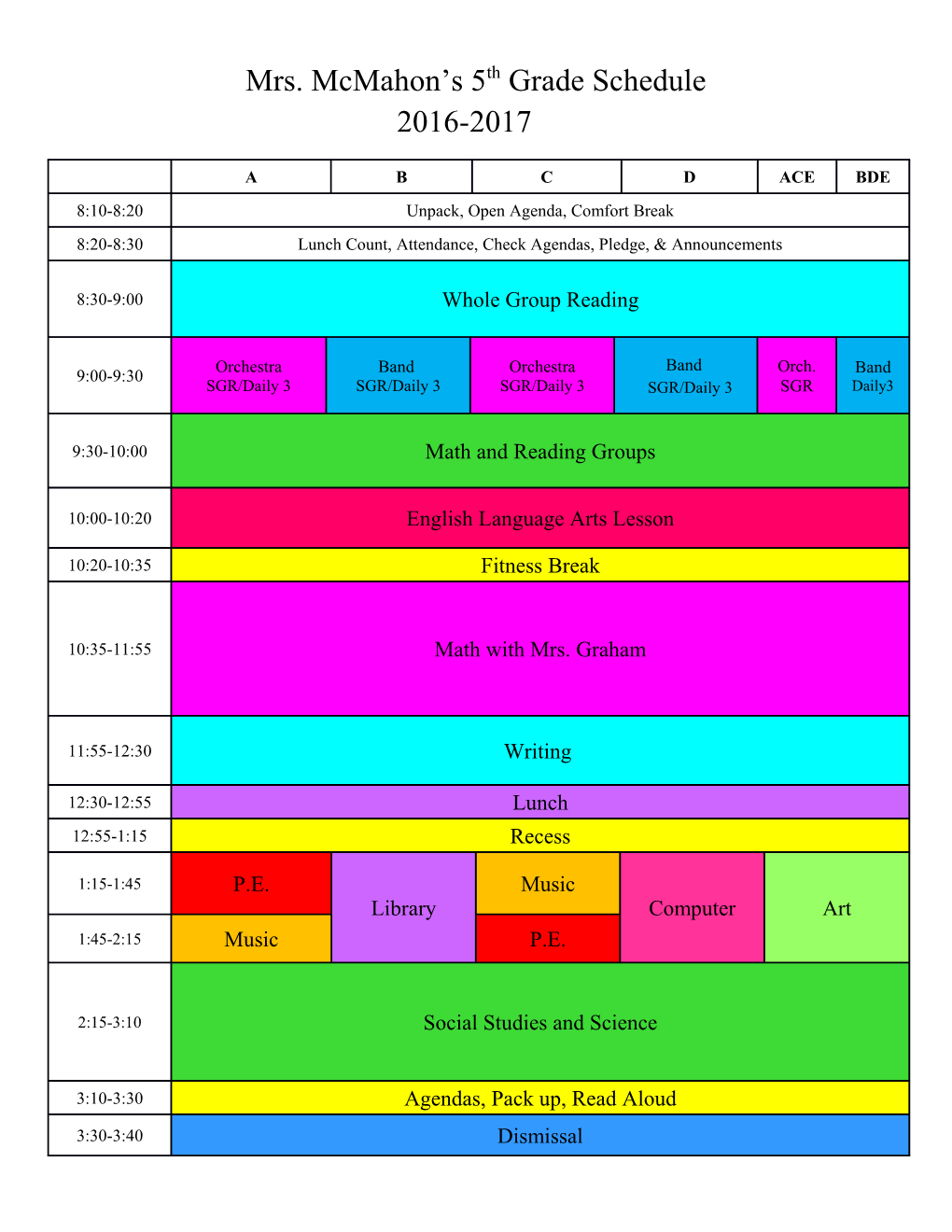 Mrs. Mcmahon S 5Th Grade Schedule 2016-2017