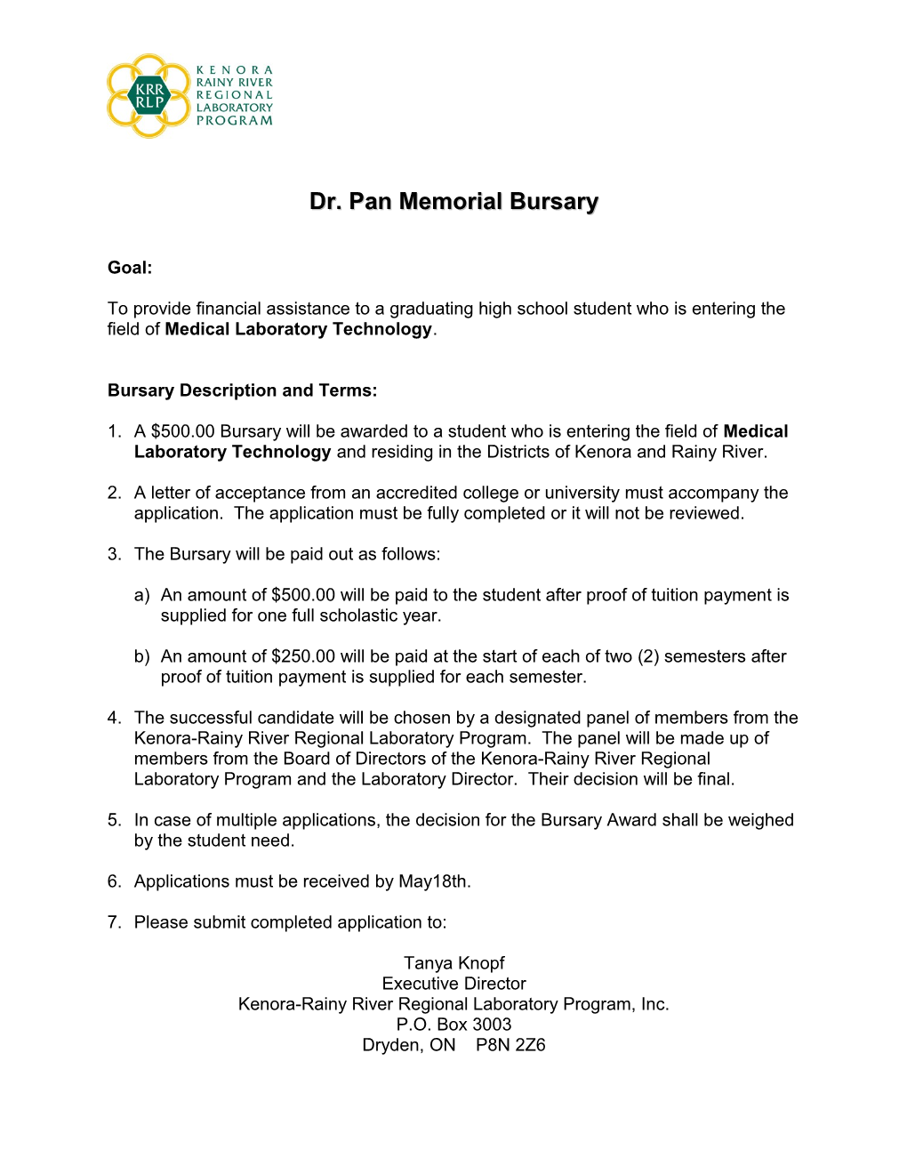 Dr. Pan Memorial Bursary