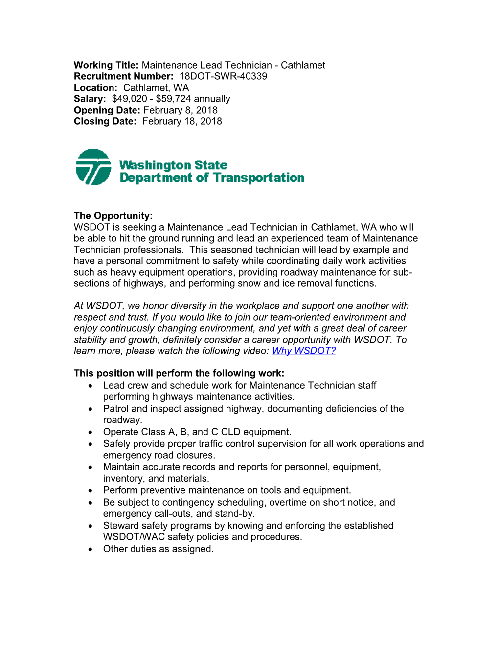 Working Title: Maintenance Lead Technician - Cathlamet