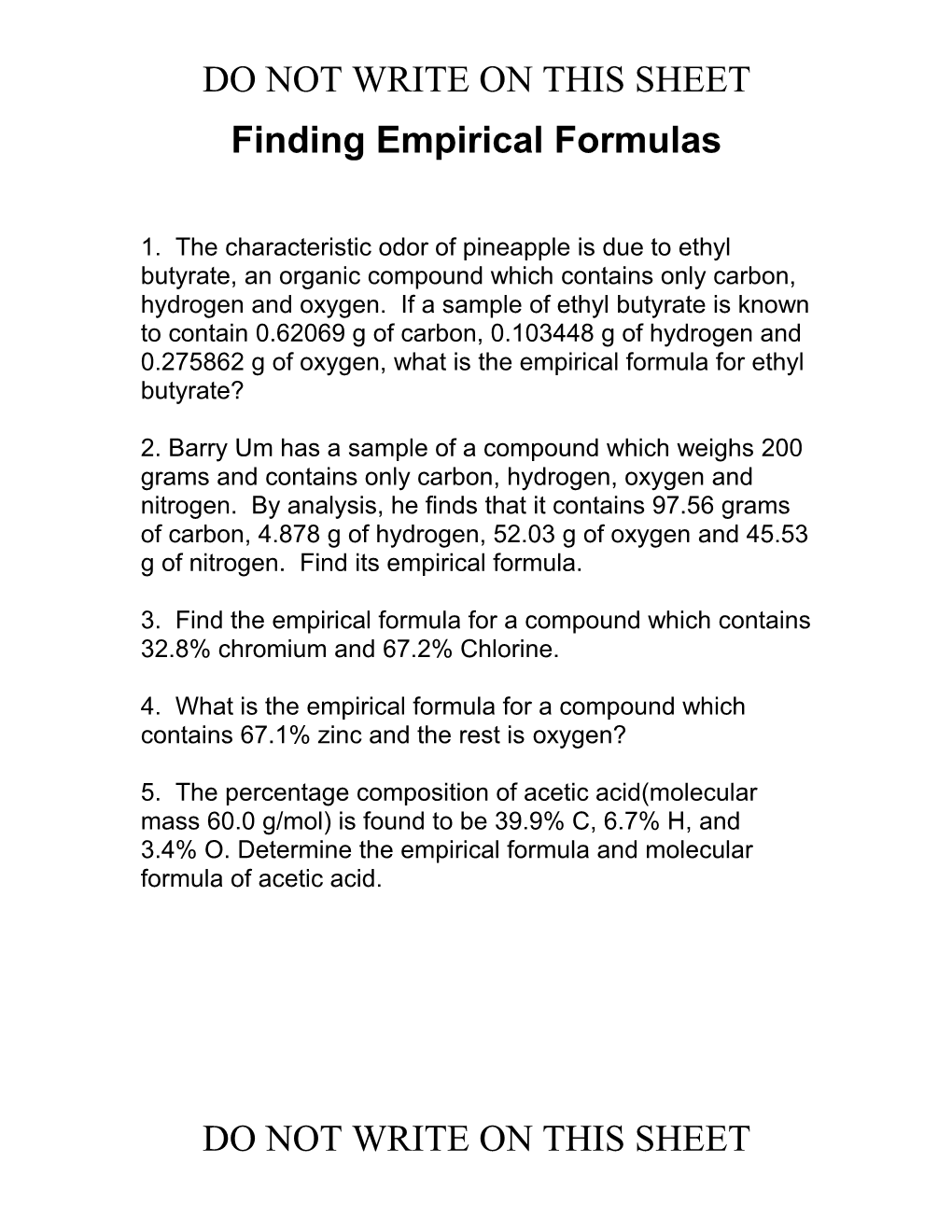 Empirical Formula Worksheet