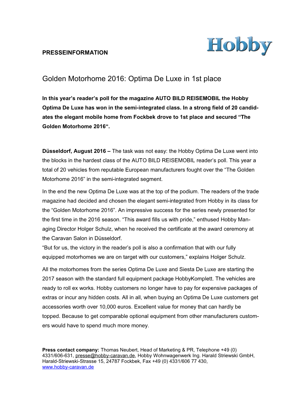 Golden Motorhome 2016: Optima De Luxe in 1St Place