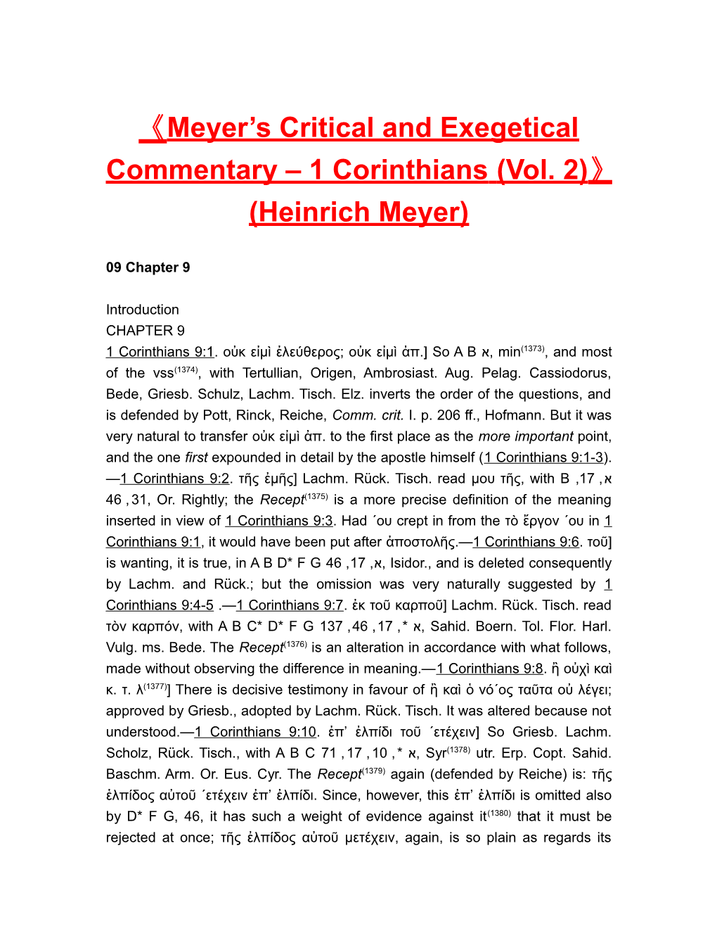 Meyer S Critical and Exegetical Commentary 1 Corinthians (Vol. 2) (Heinrich Meyer)