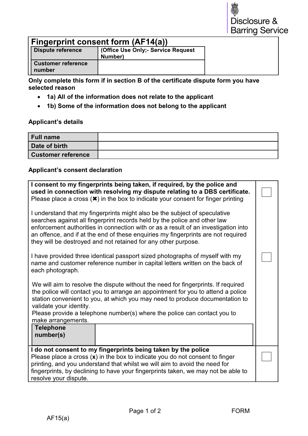 Only Complete This Form If in Section B of the Certificate Dispute Form You Have Selected