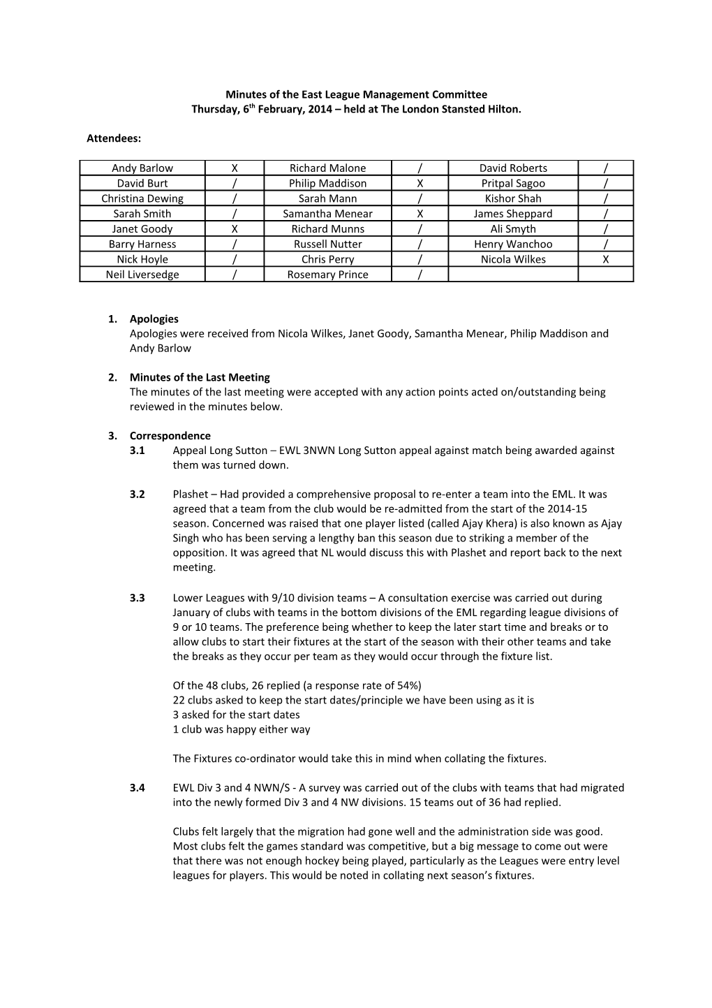 Minutes of the East League Management Committee