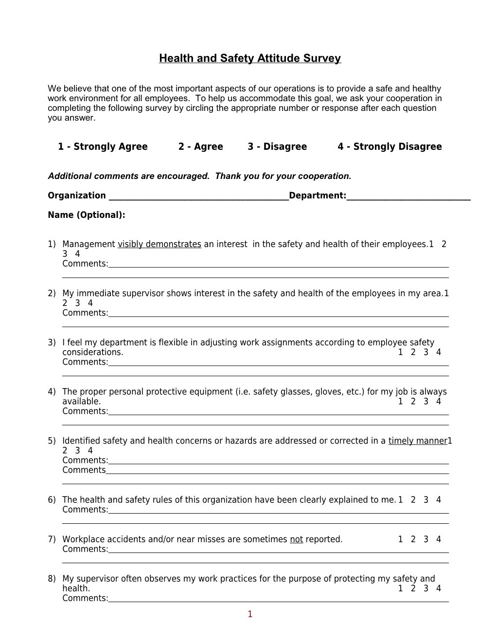 Safety & Health Survey Form - 8/28/94