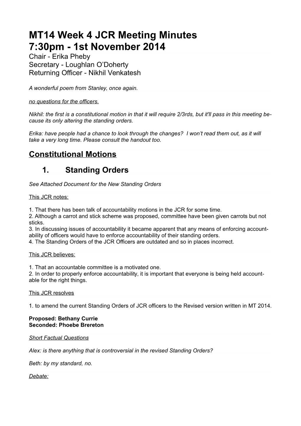 MT14 Week 4 JCR Meeting Minutes 7:30Pm - 1St November 2014