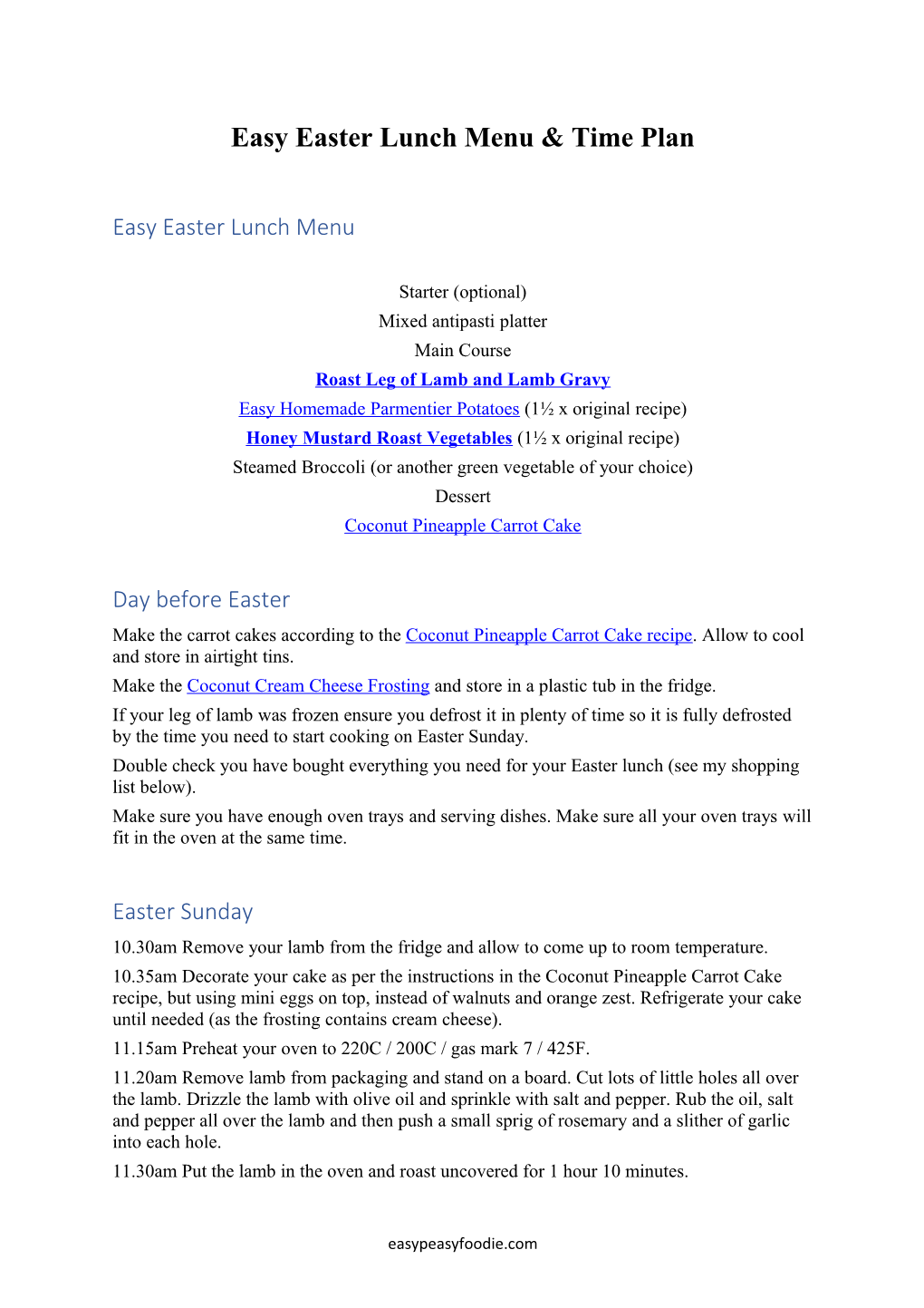 Easy Easter Lunch Menu & Time Plan