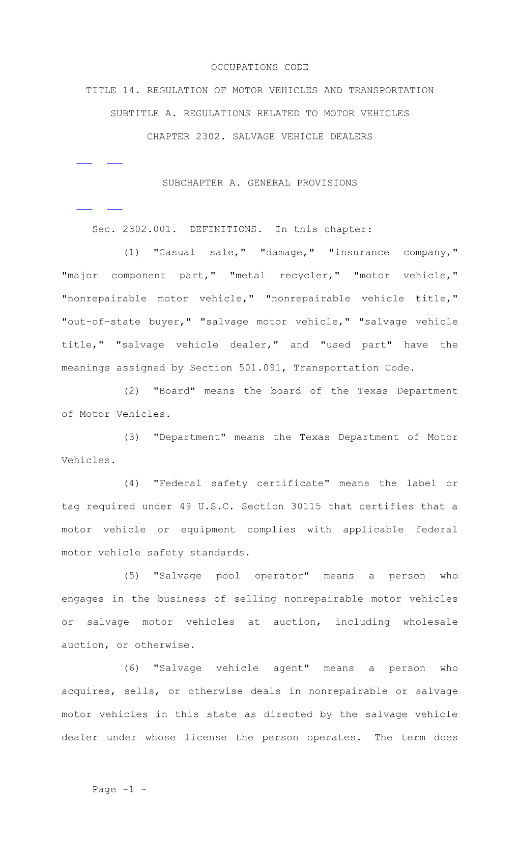 Title 14. Regulation of Motor Vehicles and Transportation