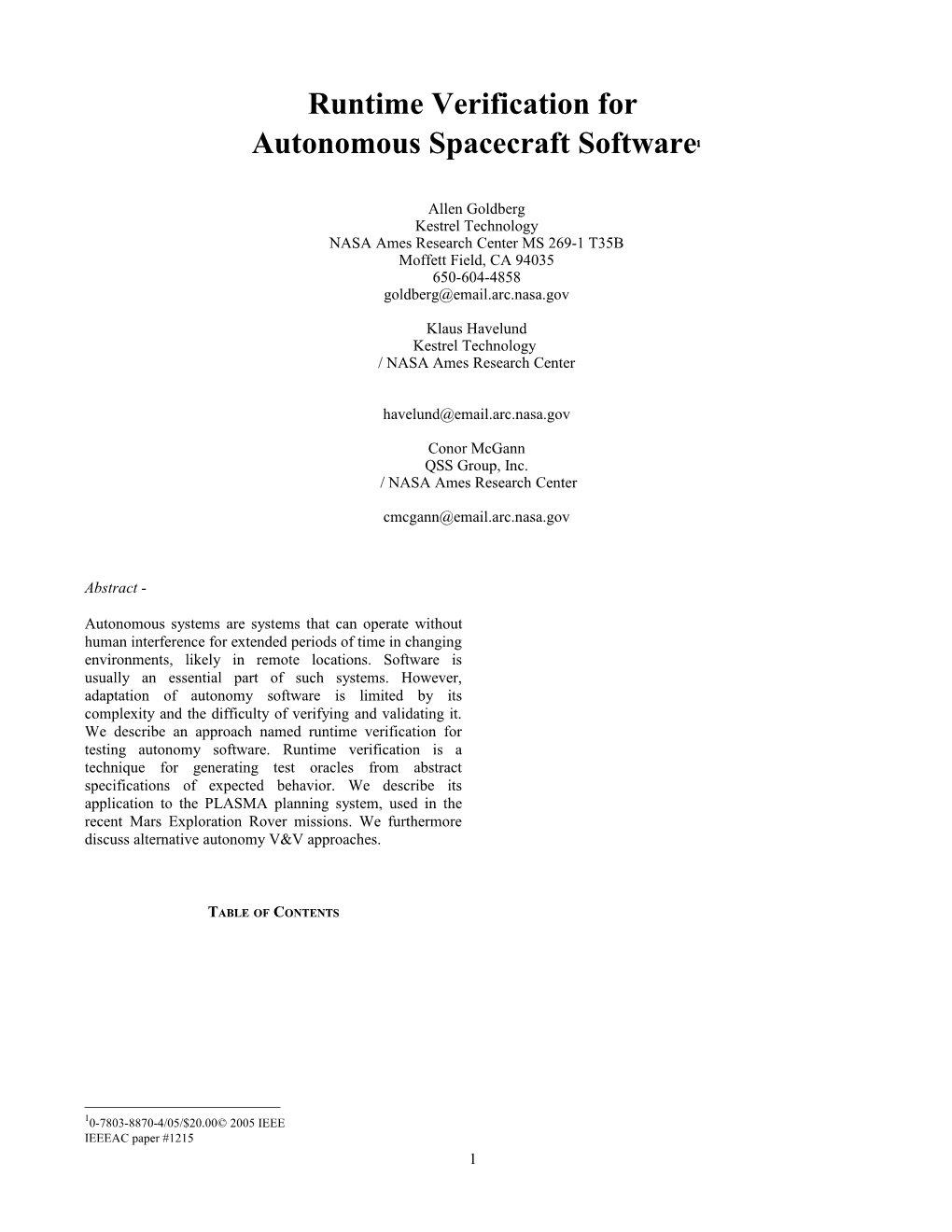 Runtime Verification for Autonomous Spacecraft Software