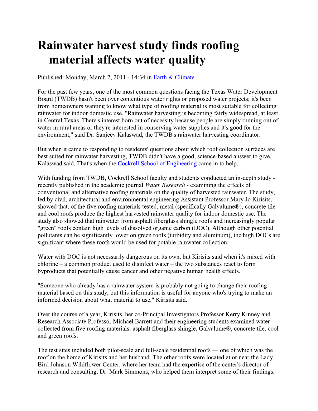 Rainwater Harvest Study Finds Roofing Material Affects Water Quality