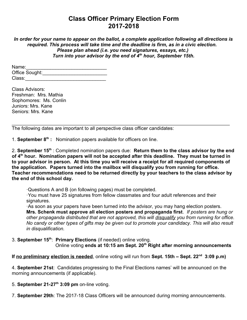 Class Officer Primary Election Form