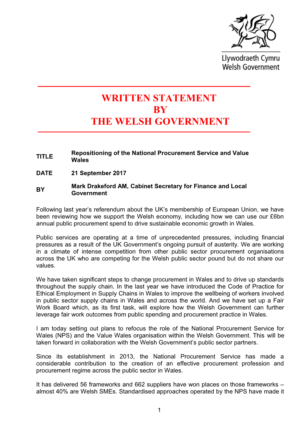 Repositioning of the National Procurement Service and Value Wales