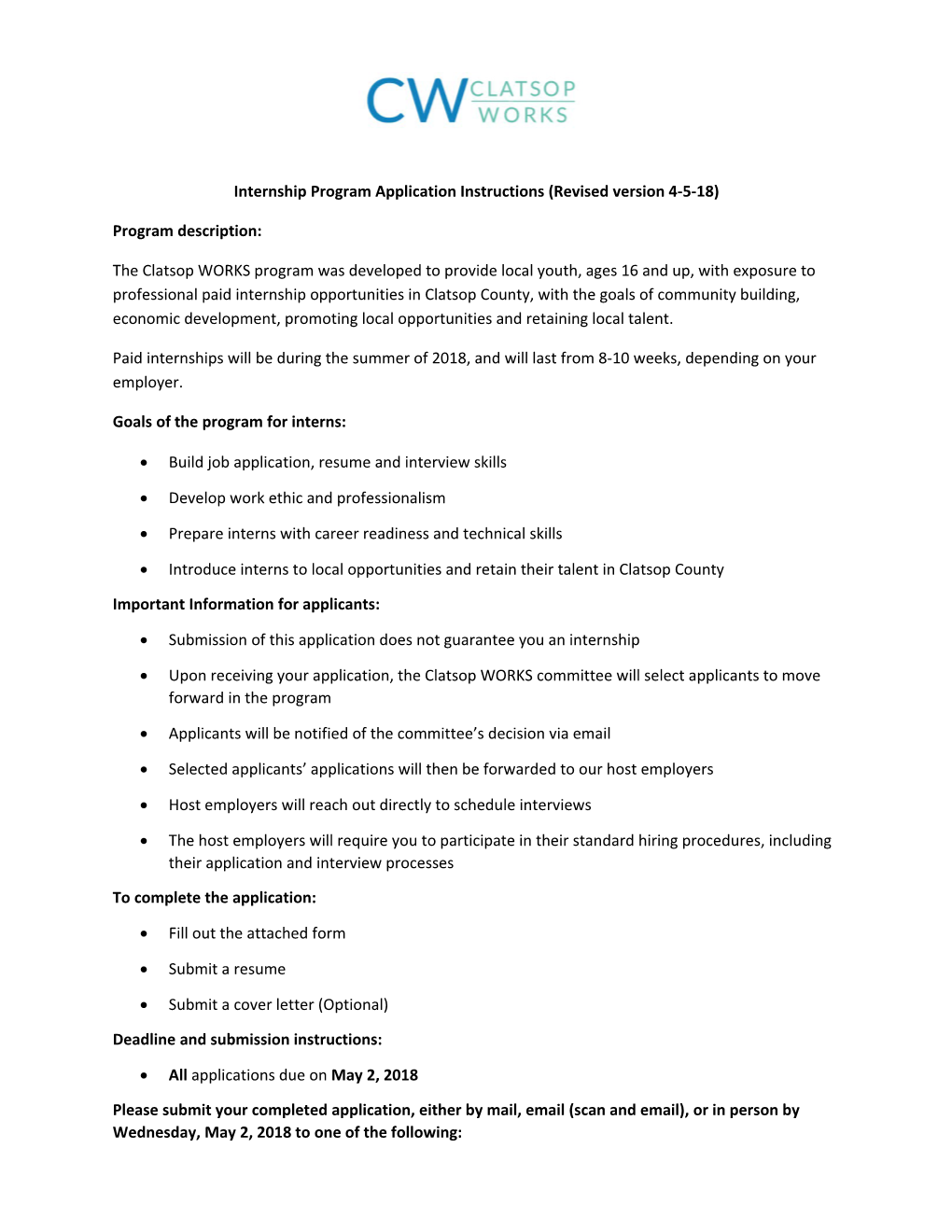 Internship Program Application Instructions (Revised Version 4-5-18)