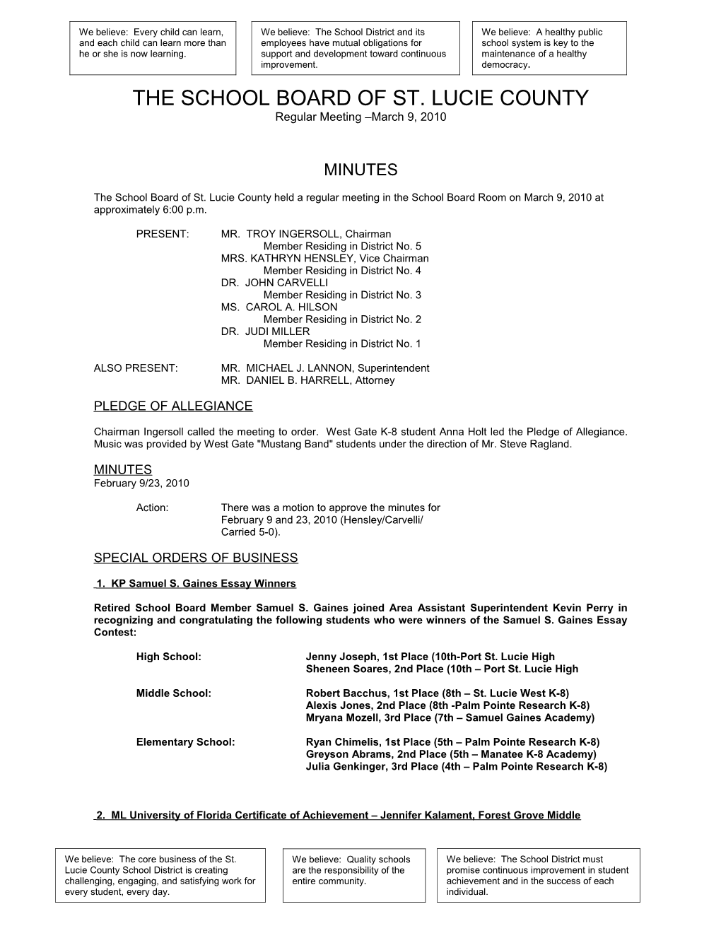 03-09-10 SLCSB Regular Meeting Minutes