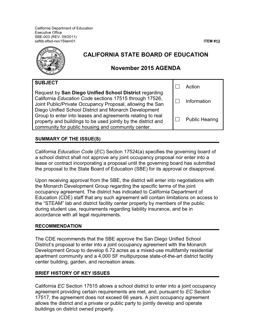 November 2015 Agenda Item 13 - Meeting Agendas (CA State Board of Education)