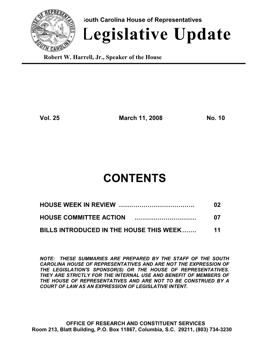 Legislative Update - Vol. 25 No. 10 March 11, 2008 - South Carolina Legislature Online