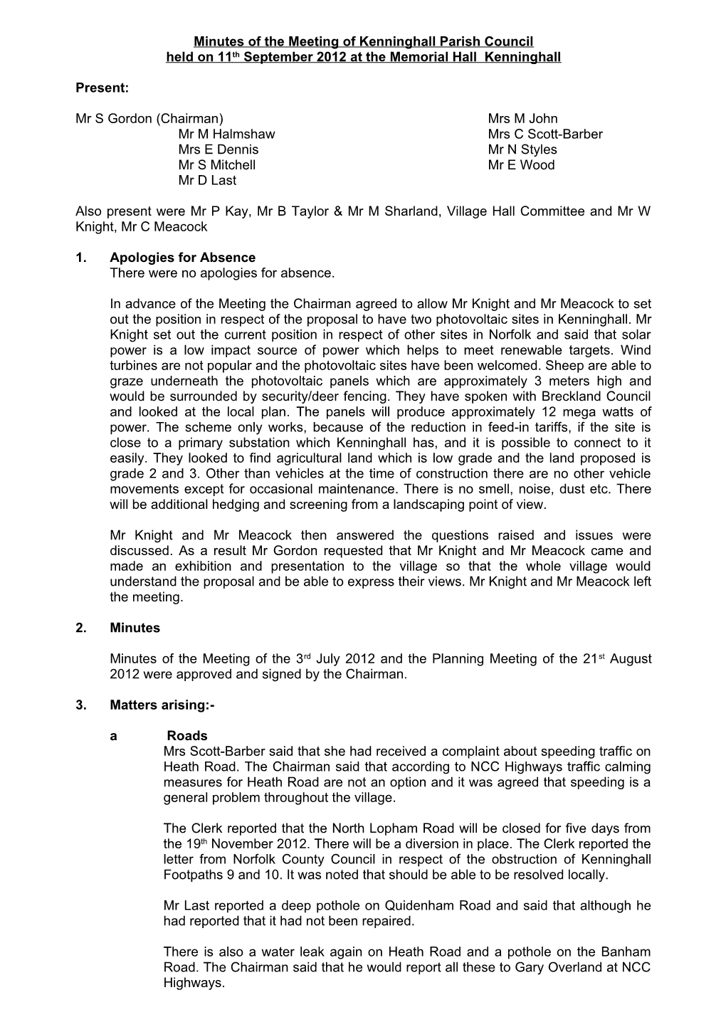 Minutes of the Meeting of Kenninghall Parish Council
